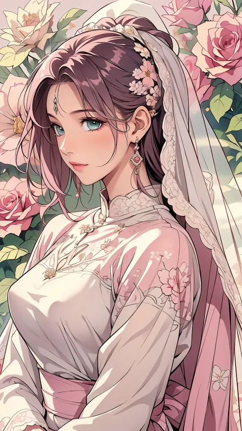 (masterpiece, best quality, best quality, Official Art, Beautiful aesthetic:1.2), green eyes, (best quality, masterpiece painting:1.3), Immature woman, , (bust), masterpiece, ultra high resolution, (((wedding veil, lace trim dress, transparent, Wedding Dr...