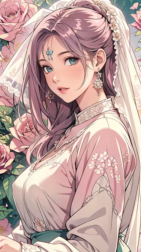 (masterpiece, best quality, best quality, Official Art, Beautiful aesthetic:1.2), green eyes, (best quality, masterpiece painting:1.3), Immature woman, , (bust), masterpiece, ultra high resolution, (((wedding veil, lace trim dress, transparent, Wedding Dr...