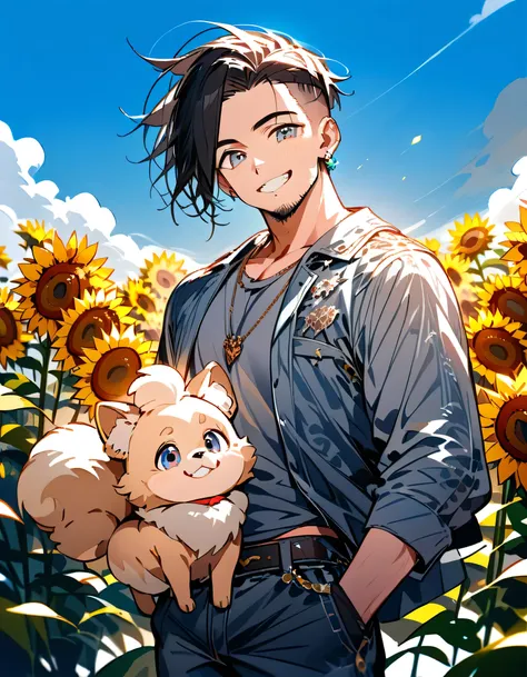 (with dog((Pomeranian))),(looking at viewer),man,fullbody,50years old,(The face of an old man with dignity),man's eyes,man's nose,man's mouth,grin,(short spiked hair),forehead,sidecut,undercut,beard,gray tshirts,denim pants, muscles,Summer blue sky, sunflo...