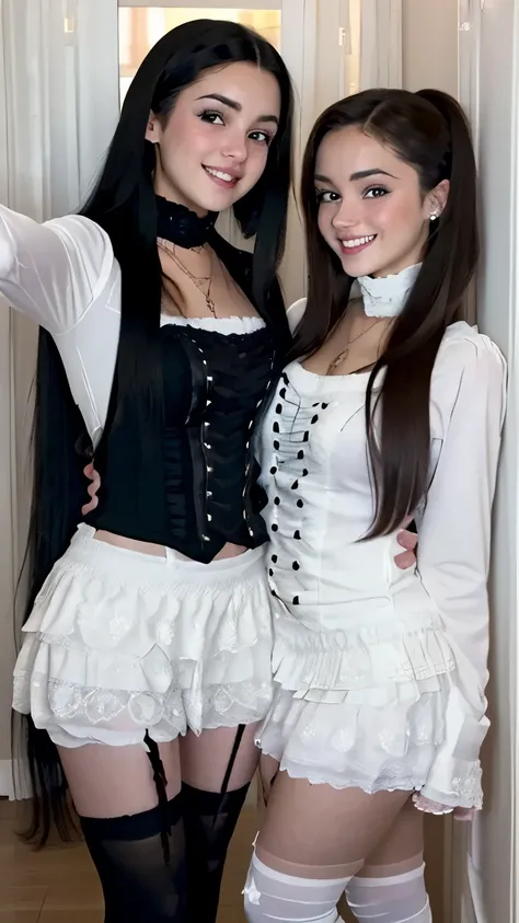 (((2 girls))), Selfie with iPhone of 2 hot sweet innocent young American  high school girls with blonde and brown hair having a fun sexy sorority party wearing, brookemonk, showing off their curves and smiling, sexy, beautiful girl, innocent, (gothic cloth...