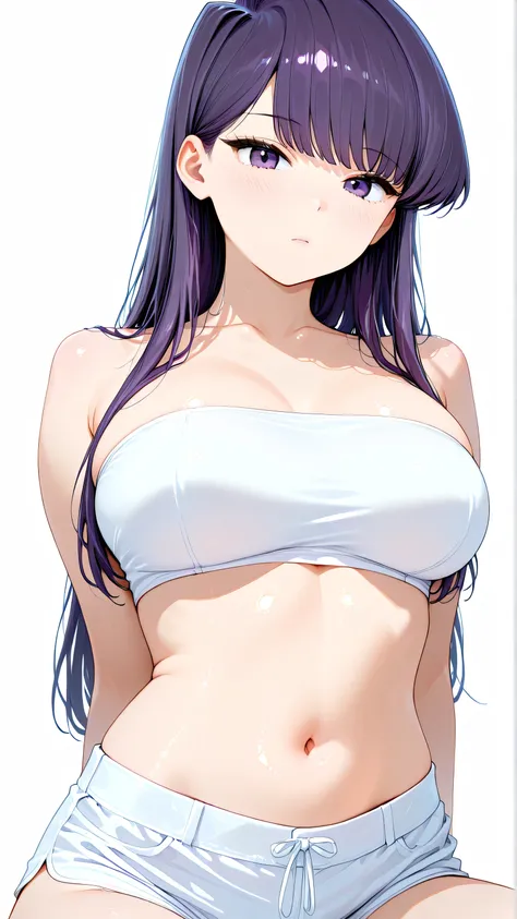 cute girl . Komi Shouko, long purple hair, purple eyes, Very kawaii , round face . alone , Slim , huge breasts , short and small . shiny skin . Pure white tube top. white shorts . dynamic angle . No background , White background , looking at the viewer