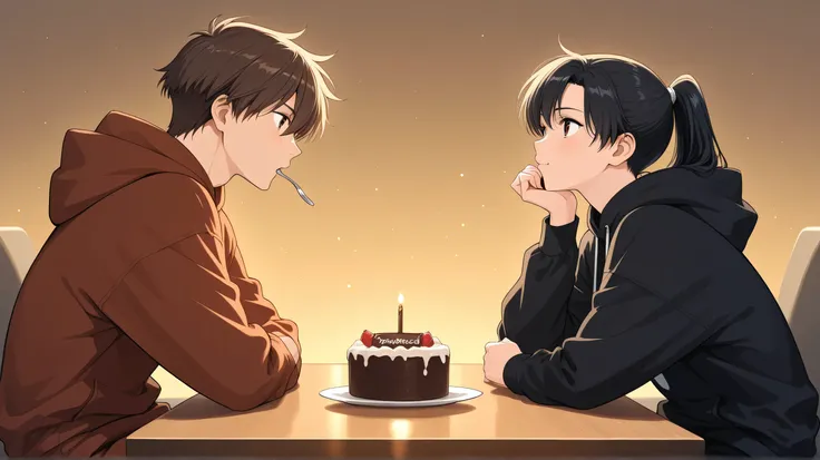 boy old brown short hair,hoody clothes sitting and eat cake with girl 20 yearold,black long ponytail hair black clothes