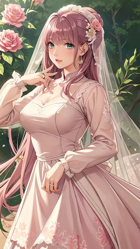 (masterpiece, best quality, best quality, Official Art, Beautiful aesthetic:1.2), green eyes, (best quality, masterpiece painting:1.3), Immature woman, , (bust), masterpiece, ultra high resolution, (((wedding veil, lace trim dress, transparent, Wedding Dr...