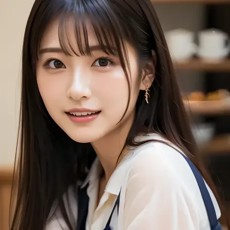 (best quality、table top to pinch、8k、best image quality、超A high resolution:1.5, (Photorealistic:1.4),masterpiece:1.2,(top-quality:1.4)、Raw photo)、Woman working at a cafe、The perfect brown apron、A classy shirt and apron、(highlight your body line:1.1)、portra...