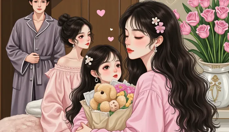A semi-realistic manhwa-style romantic scene. A stunning young woman (the nanny), with long black hair, sharp eyes, and Douyin-style makeup — shimmering eyeshadow, long lashes, and glossy pink lips — wearing a simple but elegant modern outfit, is protectiv...