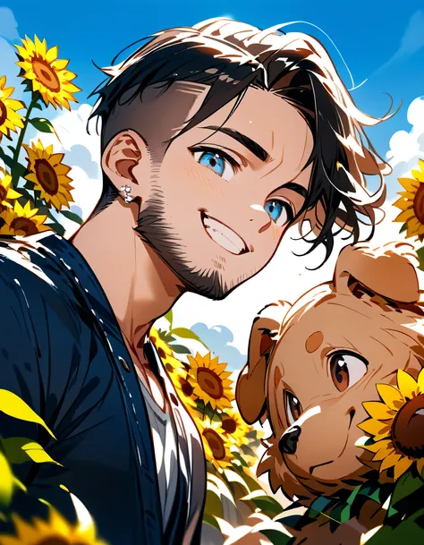 from below,((((with small 1dog of Pomeranian)))),man,40years old,(The face of an old man with dignity),man's eyes,man's nose,man's mouth,grin,(short spiked hair),forehead,sidecut,undercut,beard,gray tshirts,denim pants,Summer blue sky, sunflowers,(Complete...