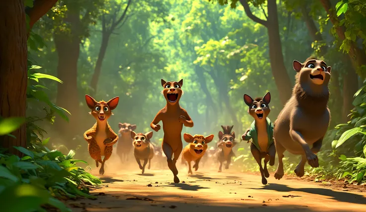 A chaotic scene with animals running in different directions, expressions of fear on their faces, leaves and dust flying everywhere.jungle