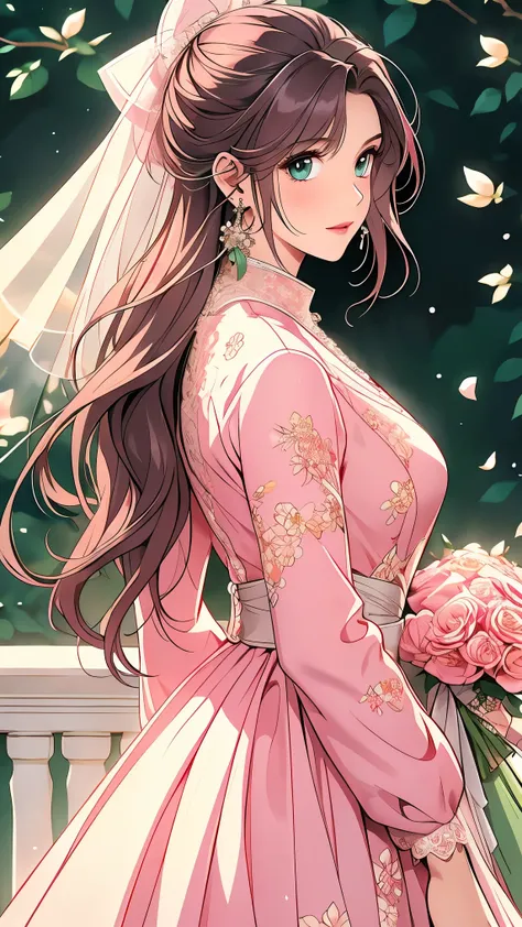 (masterpiece, best quality, best quality, Official Art, Beautiful aesthetic:1.2), green eyes, (best quality, masterpiece painting:1.3), Immature woman, , (bust), masterpiece, ultra high resolution, (((wedding veil, lace trim dress, transparent, Wedding Dr...