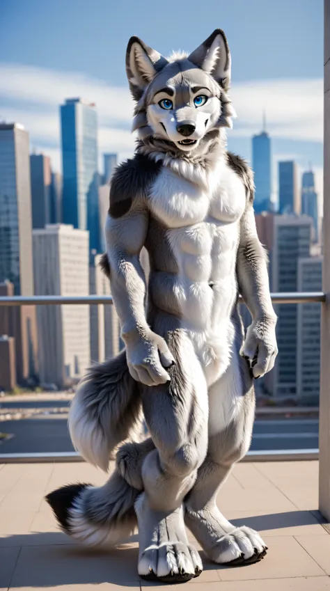 full body, fursuit, male, grey, grey limbs wolf, blue eyes, city background