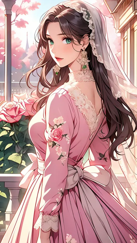 (masterpiece, best quality, best quality, Official Art, Beautiful aesthetic:1.2), green eyes, (best quality, masterpiece painting:1.3), Immature woman, , (bust), masterpiece, ultra high resolution, (((wedding veil, lace trim dress, transparent, Wedding Dr...