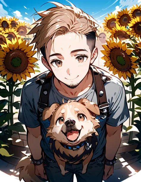 from above,((((with small beige color1dog of Pomeranian)))),man,40years old,(The face of an old man with dignity),man's eyes,man's nose,man's mouth,smile,(short spiked hair),forehead,sidecut,undercut,beard,gray tshirts,denim pants,Summer blue sky, sunflowe...