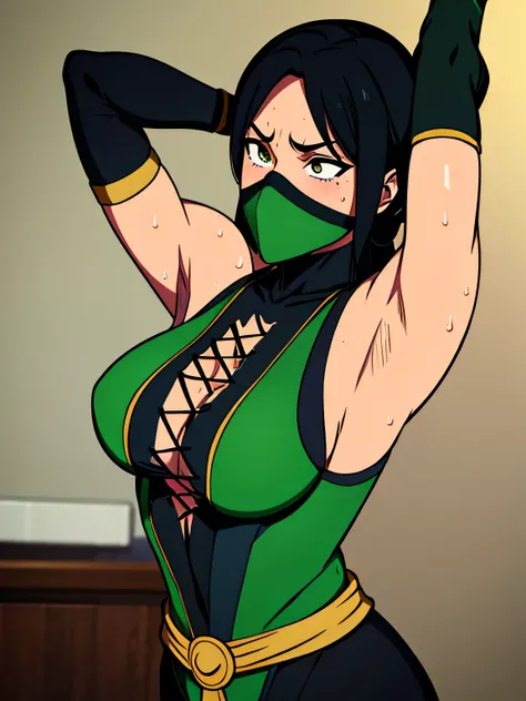 

Jade, human woman with wheatish complexion,slightly dark skin, sleeveless.She has brown eyes and blackish blue clothing. Her hair is blackish brown in color; She is beautiful.Tsundere face.,mature appearance,armpits,sweat,sweaty,sweaty armpits,arms up,sh...