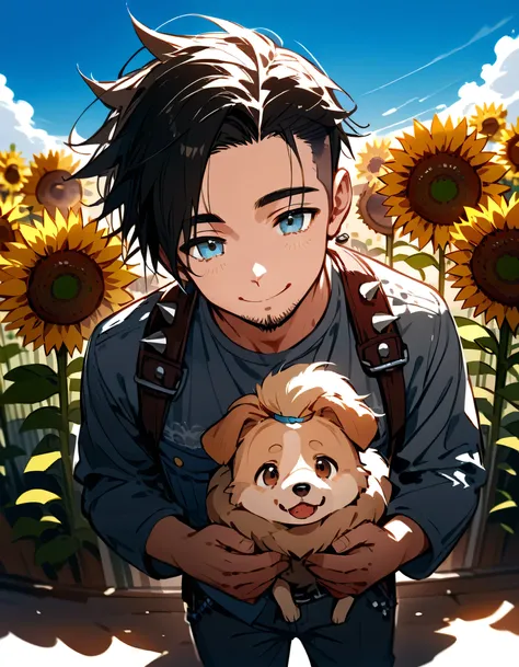 from above,((hold small beige color 1dog of Pomeranian)),man,40years old,(The face of an old man with dignity),man's eyes,man's nose,man's mouth,smile,(short spiked hair),forehead,sidecut,undercut,beard,gray tshirts,denim pants,Summer blue sky, sunflowers,...
