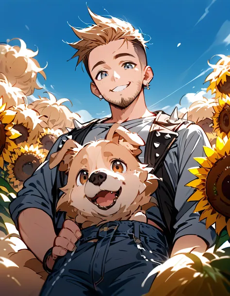from below,((((with small beige color1dog of Pomeranian)))),man,40years old,(The face of an old man with dignity),man's eyes,man's nose,man's mouth,smile,(short spiked hair),forehead,sidecut,undercut,beard,gray tshirts,denim pants,Summer blue sky, sunflowe...