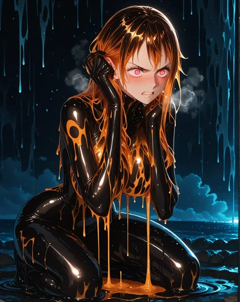 (1woman, alone, Nami, angry eyes, Nami outfit:1.0, pulling her own hair strongly, blushing, heavy breathing, translucent:1.0, melt, melting, fully melted:1.0, transformation, melt into a puddle:1.0, melting hair,), orgasming, shuddering, exaggerated pose, ...
