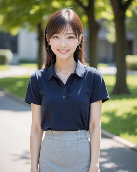 (    Photorealism   :1.2)、 （very beautiful Japanese woman 20 years old）、
（cute egg-shaped face）、
（Slim but、plump chest line）、
（ponytail with straight medium brown hair）、
（light gray tight, medium length pencil skirt）、
（navy blue polo shirt）、
（smiles with a...