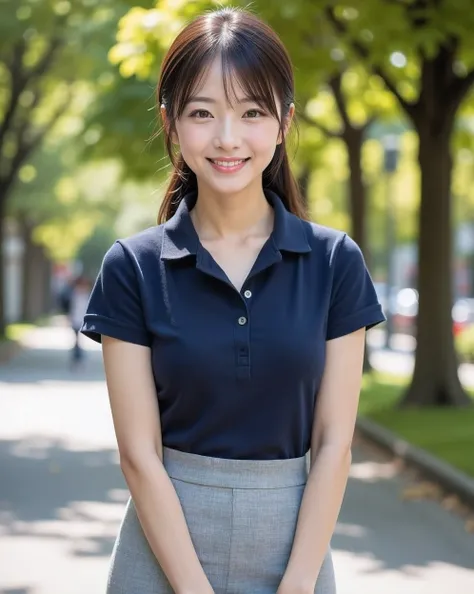 (    Photorealism   :1.2)、 （very beautiful Japanese woman 20 years old）、
（cute egg-shaped face）、
（Slim but、plump chest line）、
（ponytail with straight medium brown hair）、
（light gray tight, medium length pencil skirt）、
（navy blue polo shirt）、
（smiles with a...