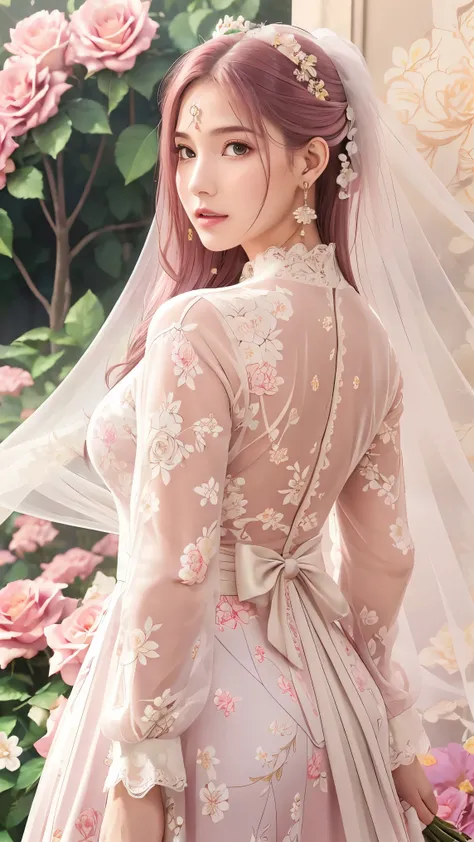 (masterpiece, best quality, best quality, Official Art, Beautiful aesthetic:1.2), green eyes, (best quality, masterpiece painting:1.3), Immature woman, , (bust), masterpiece, ultra high resolution, (((wedding veil, lace trim dress, transparent, Wedding Dr...