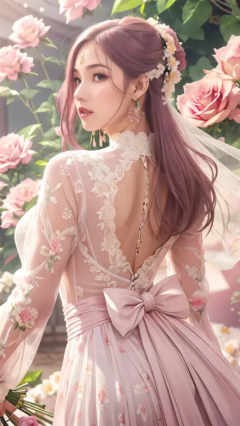 (masterpiece, best quality, best quality, Official Art, Beautiful aesthetic:1.2), green eyes, (best quality, masterpiece painting:1.3), Immature woman, , (bust), masterpiece, ultra high resolution, (((wedding veil, lace trim dress, transparent, Wedding Dr...