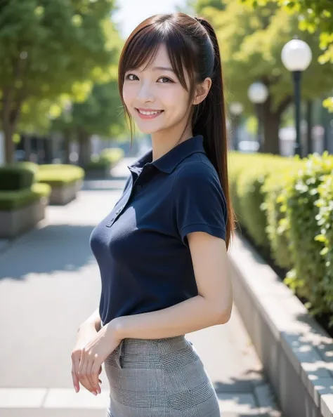 (Photorealism: 1.2), (A very beautiful Japanese woman, 20 years old),
(A cute oval-shaped face),
(A delicate figure, well-shaped and ample breasts),
(Straight medium-length brown hair in a ponytail),
(A tight, medium-length light gray checked pencil skirt)...