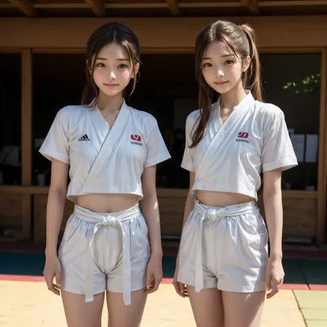2 cute Japanese judo girls with blond ponytails、2 girls standing in judo uniforms、2 girls in judo uniforms standing side by side、The background is a judo dojo、smile、Baby Face、(flat chested:1.4)、full body is shown、beautiful legs、Jin and the Royal Family