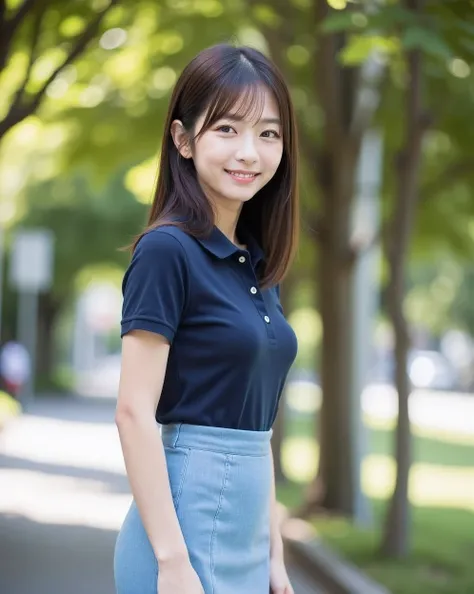 (Photorealism: 1.2), (A very beautiful Japanese woman, 30 years old),
(A cute oval-shaped face),
(A delicate figure, well-shaped and ample breasts),
(Straight medium-length brown hair ),
(A tight, medium-length light blue pencil skirt),
(A dark blue polo s...