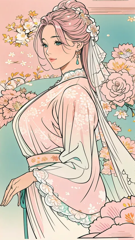 (masterpiece, best quality, best quality, Official Art, Beautiful aesthetic:1.2), green eyes, (best quality, masterpiece painting:1.3), Immature woman, , (bust), masterpiece, ultra high resolution, (((wedding veil, lace trim dress, transparent, Wedding Dr...
