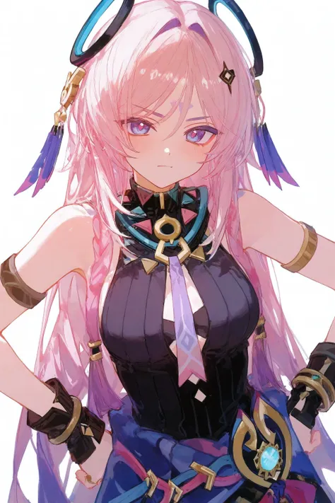 1 girl,
[artists: alpha ],artists:ciloranko,solo,[artists:Sho (Sho lwlw)],[[{{x}}]],[artists:Rasta ], 2023,Wow,Crab Beams ,
1 girl,THEY ARE READING \(Genshin Impact\),ring hair ornament,feather decoration,
upper body,place your hands on your hips,white bac...