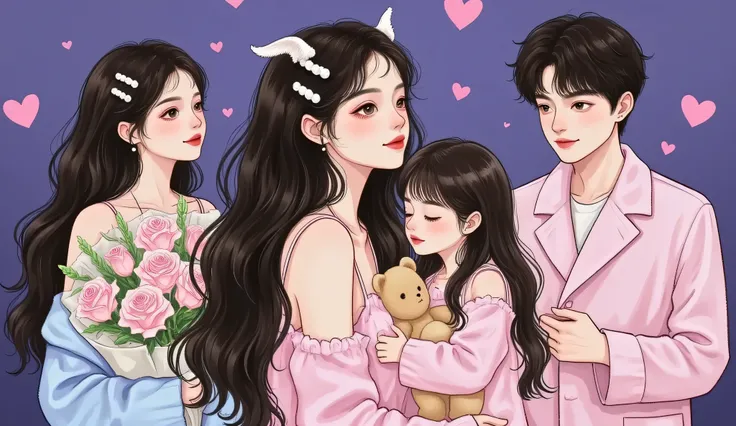 A semi-realistic manhwa-style romantic scene. A stunning young woman (the nanny), with long black hair, sharp eyes, and Douyin-style makeup — shimmering eyeshadow, long lashes, and glossy pink lips — wearing a simple but elegant modern outfit, is protectiv...