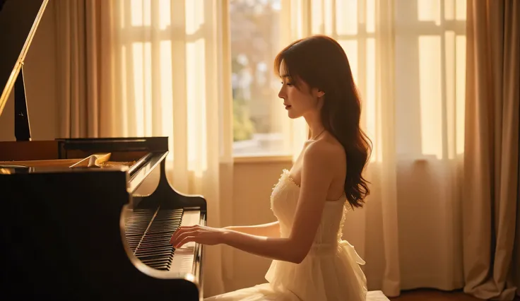 "A young woman playing a grand piano in a sunlit room, wearing a white dress, soft light shining on her face, elegant and calm atmosphere, artistic and cinematic style.