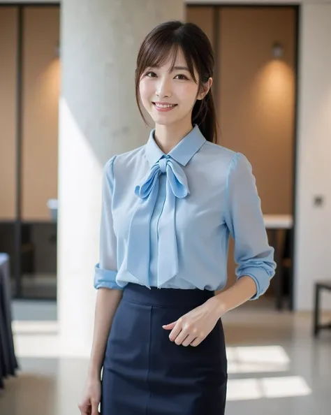 (Photorealism: 1.2), (A very beautiful 25-year-old Japanese woman),
(A pretty oval-shaped face),
(Slender figure, slim waist),
(Straight medium-length brown hair in a ponytail),
(A tight, midi-length dark navy pencil skirt),
(A light blue bowtie blouse),
(...