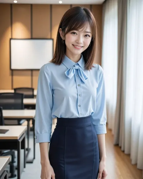 (Photorealism: 1.2), (A very beautiful 25-year-old Japanese woman),
(A pretty oval-shaped face),
(Slender figure, slim waist),
(Straight medium-length brown hair in a ponytail),
(A tight, midi-length dark navy pencil skirt),
(A light blue bowtie blouse),
(...