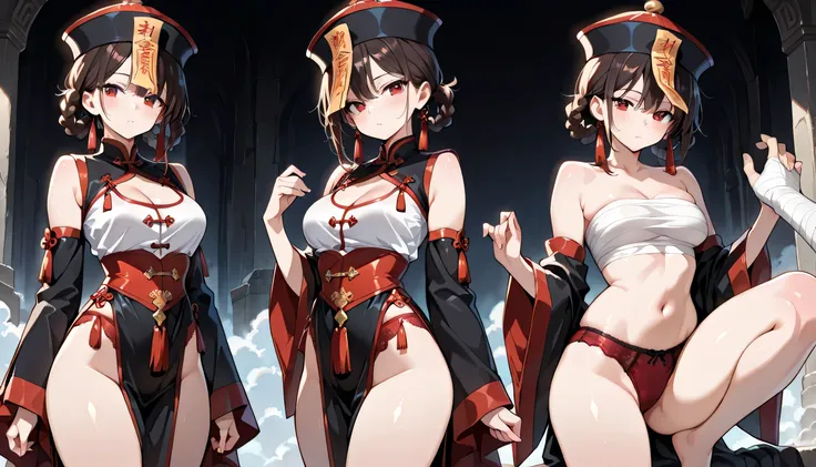 ((masterpieces, Best Quality, ultra detailed, High resolution, beautifully detailed faces, Beautifully detailed eyes, perfect hand , 4K )), a girl, model style, (medium breast ), black short hair, A seductive fantasy female character inspired by a jiangshi...