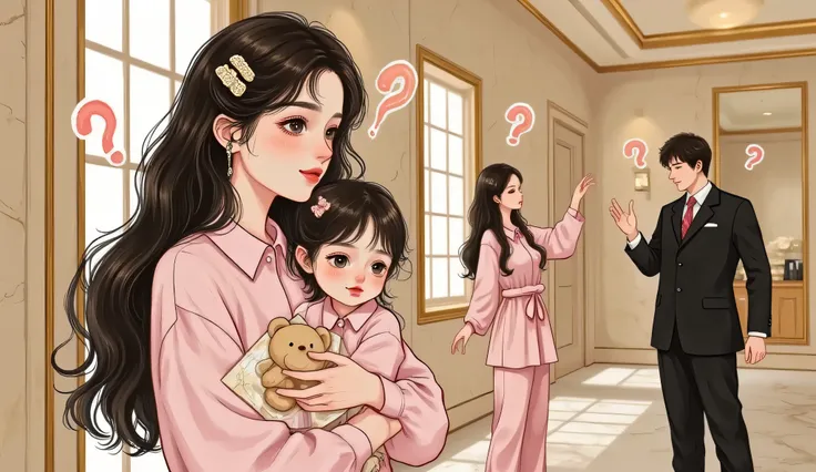 A beautiful semi-realistic manhwa-style scene set in a luxurious modern Chinese mansion, with marble floors, gold accents, tall windows, and warm ambient lighting. In the foreground, a graceful but modest young woman (the nanny) with long black hair in a l...