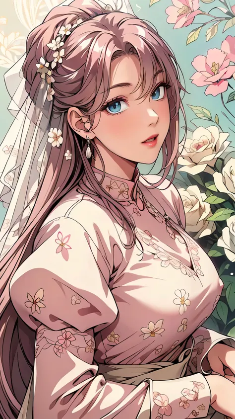(masterpiece, best quality, best quality, Official Art, Beautiful aesthetic:1.2), green eyes, (best quality, masterpiece painting:1.3), Immature woman, , (bust), masterpiece, ultra high resolution, (((wedding veil, lace trim dress, transparent, Wedding Dr...