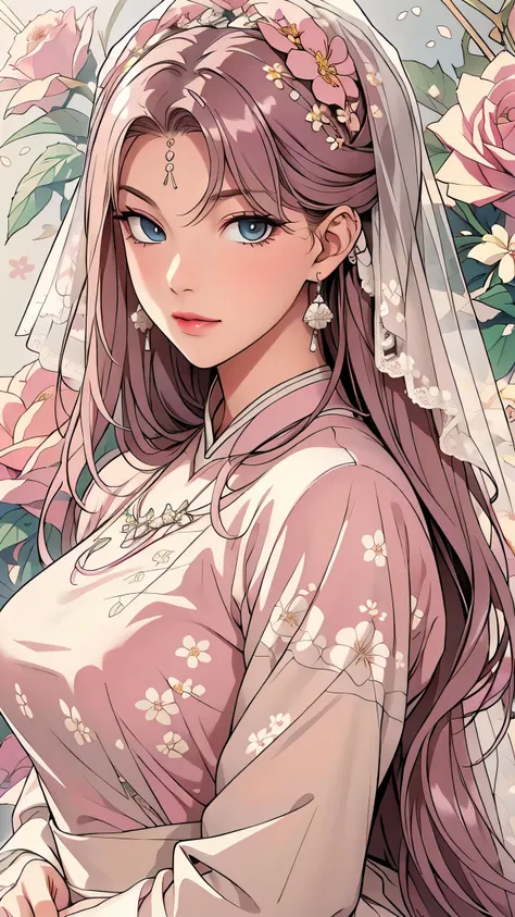 (masterpiece, best quality, best quality, Official Art, Beautiful aesthetic:1.2), green eyes, (best quality, masterpiece painting:1.3), Immature woman, , (bust), masterpiece, ultra high resolution, (((wedding veil, lace trim dress, transparent, Wedding Dr...