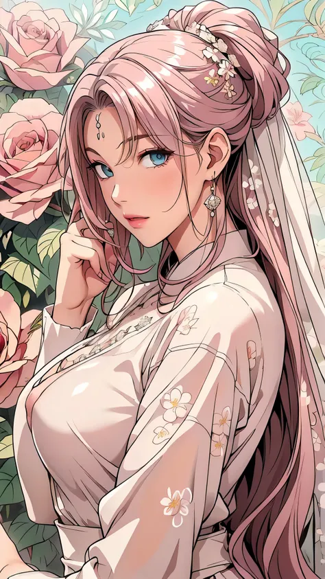 (masterpiece, best quality, best quality, Official Art, Beautiful aesthetic:1.2), green eyes, (best quality, masterpiece painting:1.3), Immature woman, , (bust), masterpiece, ultra high resolution, (((wedding veil, lace trim dress, transparent, Wedding Dr...
