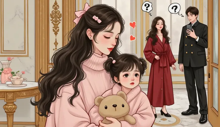 A beautiful semi-realistic manhwa-style scene set in a luxurious modern Chinese mansion, with marble floors, golden trim, tall windows, and soft warm lighting. In the foreground, a graceful but modest young woman (the nanny) with long black hair in a low p...