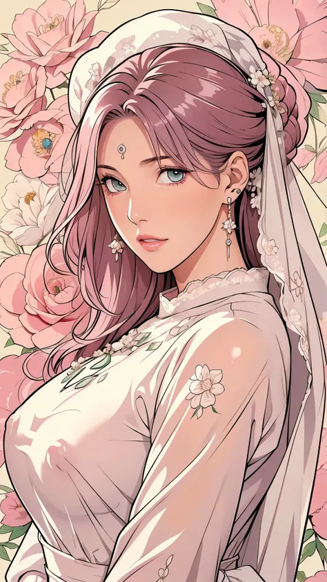 (masterpiece, best quality, best quality, Official Art, Beautiful aesthetic:1.2), green eyes, (best quality, masterpiece painting:1.3), Immature woman, , (bust), masterpiece, ultra high resolution, (((wedding veil, lace trim dress, transparent, Wedding Dr...
