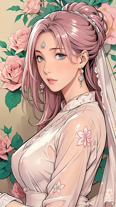 (masterpiece, best quality, best quality, Official Art, Beautiful aesthetic:1.2), green eyes, (best quality, masterpiece painting:1.3), Immature woman, , (bust), masterpiece, ultra high resolution, (((wedding veil, lace trim dress, transparent, Wedding Dr...