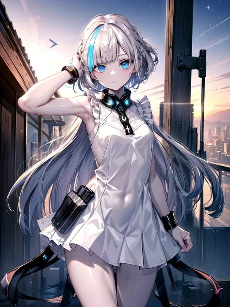 (((masterpiece, best quality, ultra high resolution))), (((wide shot))), 1 girl, standing, uniform, white office shirt, black pleated skirt, ((light brown hair:0.7)), Long Haircuts, pale skin, ((blue eye)), Shine_eye, neon eye, (ultra detailed eye, Beautif...