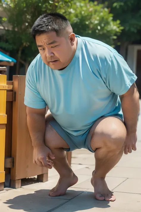 Thick Japan middle-aged man in his 50s, 1man, retarded, Dwarfism, He wears a light blue shorts, Bare Thighs, Pampers, shirtsless, ((peeing self, wetting self, pee stains,)), ((trembling, fear expression, scared, looking at viewer)), kindergarten background...