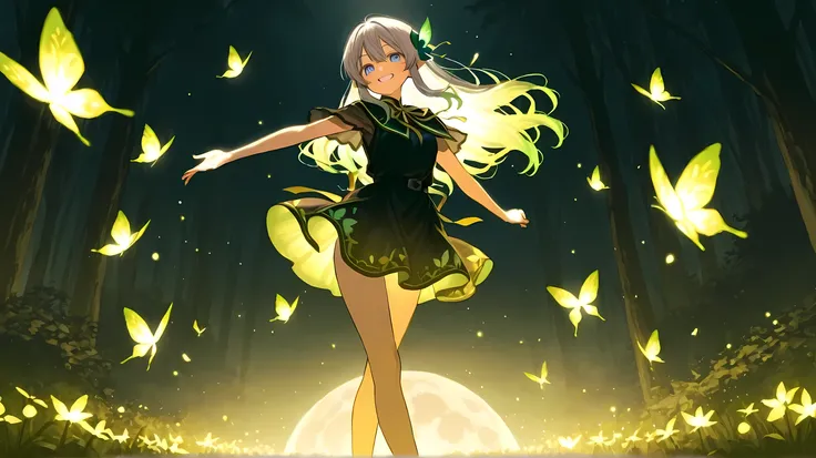 HD、High Quality、pulsating、has a beautiful face、smiling、dancing、black simple dress with a sense of pulsation、Short skirt length、dark forest with changing colors、The Moon is out、Fantastic firefly light、long black hair、 beautiful blue eyes 、bright colors、Beau...