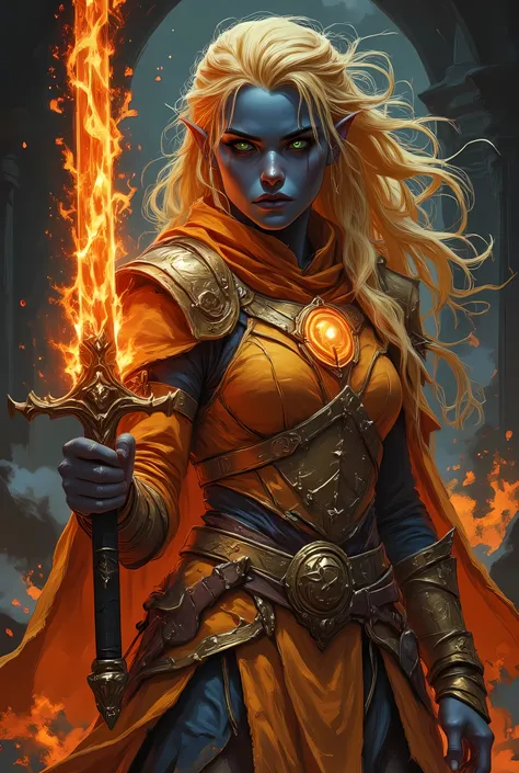 portrait of a female cleric ((dark blue skin)), intense details facial details, exquisite beauty, cleric, (dark blue skin)) female, ((yellow hair)), long hair, (((no ears: 1.5))), (green eyes), armed with a fiery sword red fire, wearing (golden priestly co...