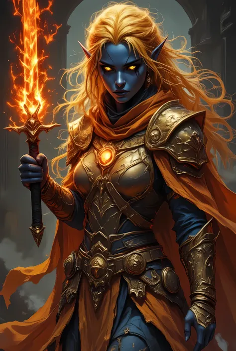 portrait of a female cleric ((dark blue skin)), intense details facial details, exquisite beauty, cleric, (dark blue skin)) female, ((yellow hair)), long hair, (((no ears: 1.5))), (green eyes), armed with a fiery sword red fire, wearing (golden priestly co...