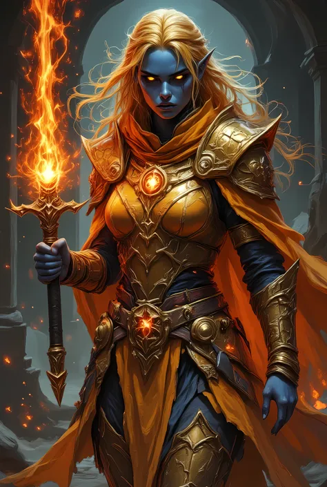 portrait of a female cleric ((dark blue skin)), intense details facial details, exquisite beauty, cleric, (dark blue skin)) female, ((yellow hair)), long hair, (((no ears: 1.5))), (green eyes), armed with a fiery sword red fire, wearing (golden priestly co...