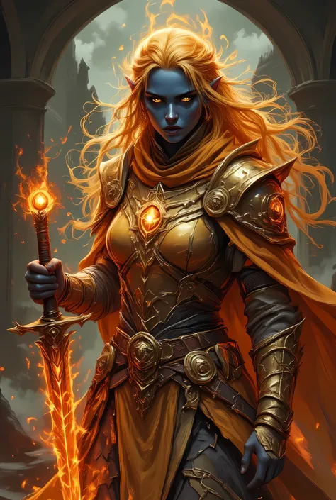 portrait of a female cleric ((dark blue skin)), intense details facial details, exquisite beauty, cleric, (dark blue skin)) female, ((yellow hair)), long hair, (((no ears: 1.5))), (green eyes), armed with a fiery sword red fire, wearing (golden priestly co...