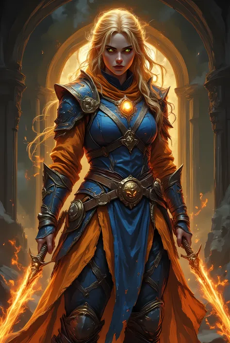 portrait of a female cleric ((gold skin)), intense details facial details, exquisite beauty, cleric, (gold skin)) female, ((yellow hair)), long hair, (((no ears: 1.5))), (green eyes), armed with a fiery sword red fire, wearing (blue priestly combat vestmen...