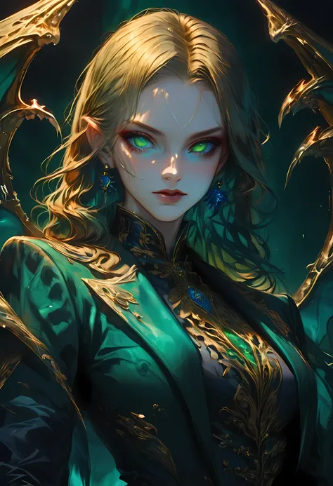 score_9, score_8_up, score_7_up, score_6_up, score_5_up, score_4_up, Arafed, a portrait of an vampire woman, full body shot, exotic beauty, long hair, gold hair, (emerald green eyes), dark red lips, glamour shot, she wears an (blue: 1.3) elegant suit, gol...