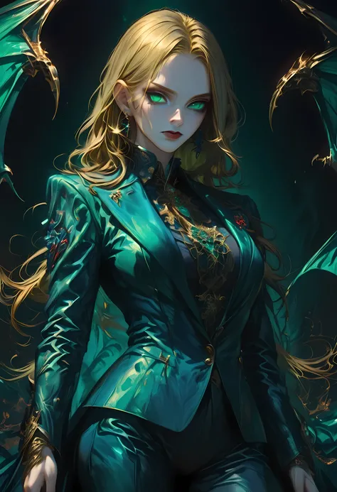 score_9, score_8_up, score_7_up, score_6_up, score_5_up, score_4_up, Arafed, a portrait of an vampire woman, full body shot, exotic beauty, long hair, gold hair, (emerald green eyes), dark red lips, glamour shot, she wears an (blue: 1.3) elegant suit, gol...